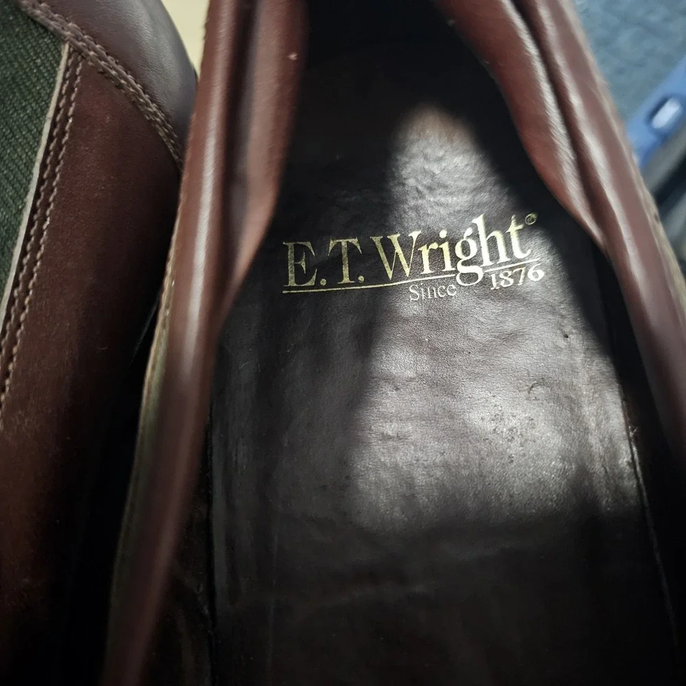 80s E.T. Wright Men's Loafers‎ Brown Leather & Green Canvas Italy Size 11 B